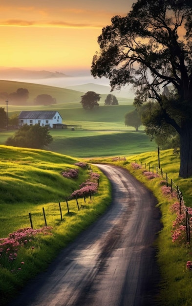 Foto di una strada di campagna vuota al mattino presto