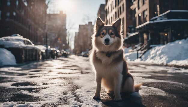 Foto di una strada di New York in inverno e animali per strada