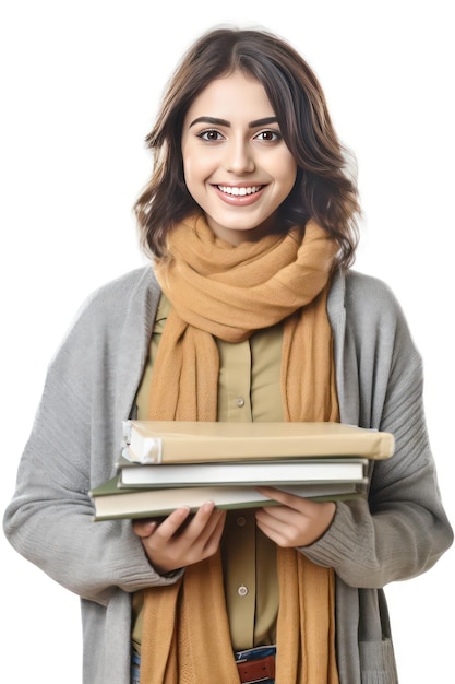 foto di una studentessa turca con libri, capelli castani, sorridente in piedi
