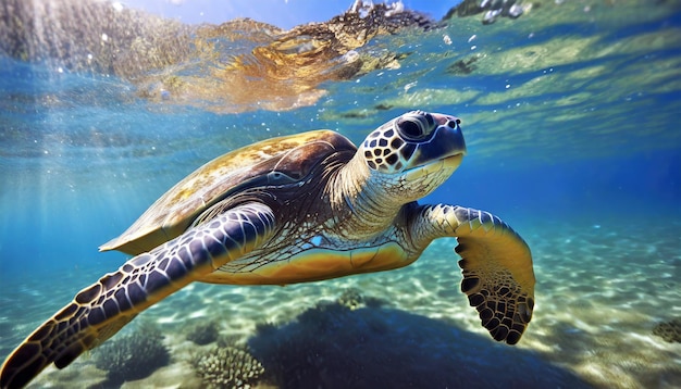 Foto di una tartaruga Hawksbill che nuota lentamente sotto la barriera corallina di Maui generata dall'IA