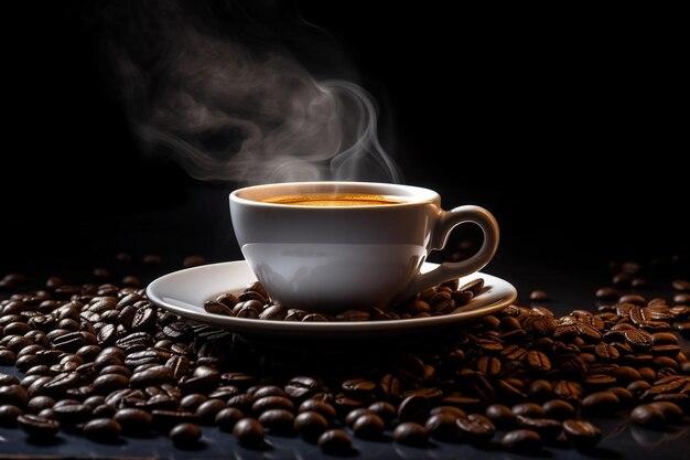 Foto di una tazza di caffè con fumo e chicchi di caffè su sfondo nero