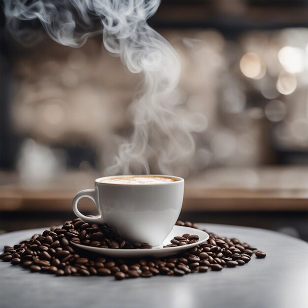 Foto di una tazza di caffè con fumo e chicchi di caffè su uno sfondo di vetro trasparente