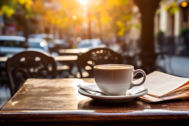 Foto di una tazza di caffè con un giornale su un tavolo da caffè