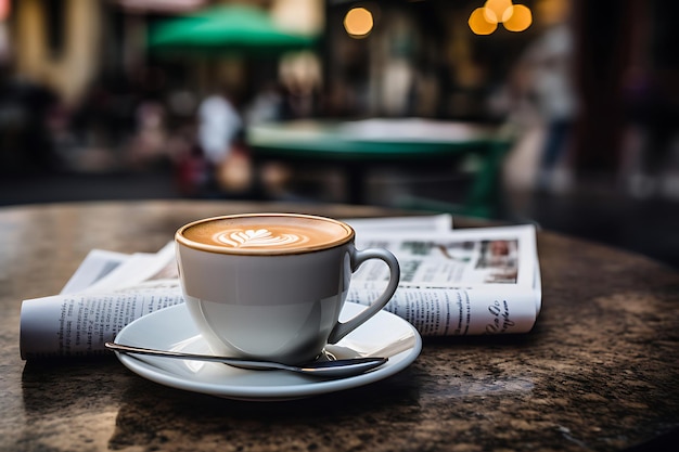 Foto di una tazza di caffè con un giornale su un tavolo da caffè