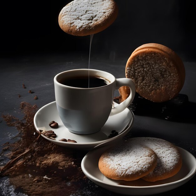 foto di una tazza di caffè nero e biscotti