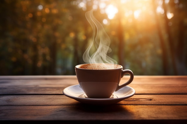 Foto di una tazza di caffè su un tavolo di legno al mattino