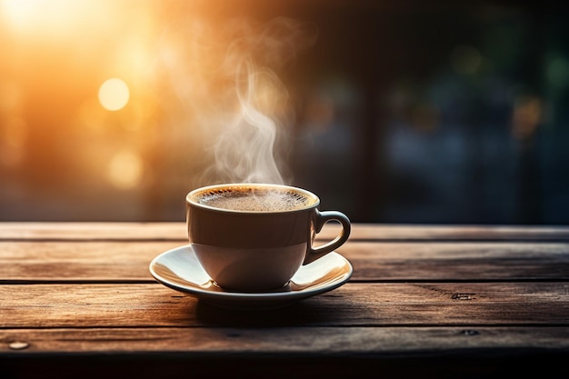 Foto di una tazza di caffè su un tavolo di legno al mattino