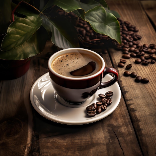 Foto di una tazza di caffè su un tavolo di legno