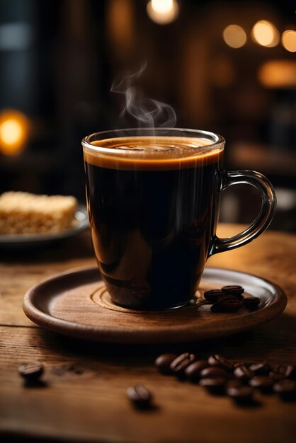 foto di una tazza di caffè sullo sfondo di un caffè a tavolo di legno