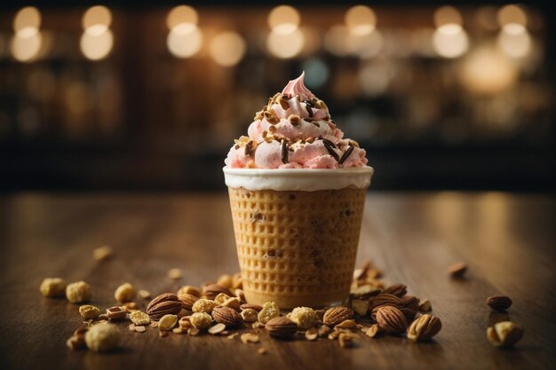 Foto di una tazza di gelato con noci e cioccolato