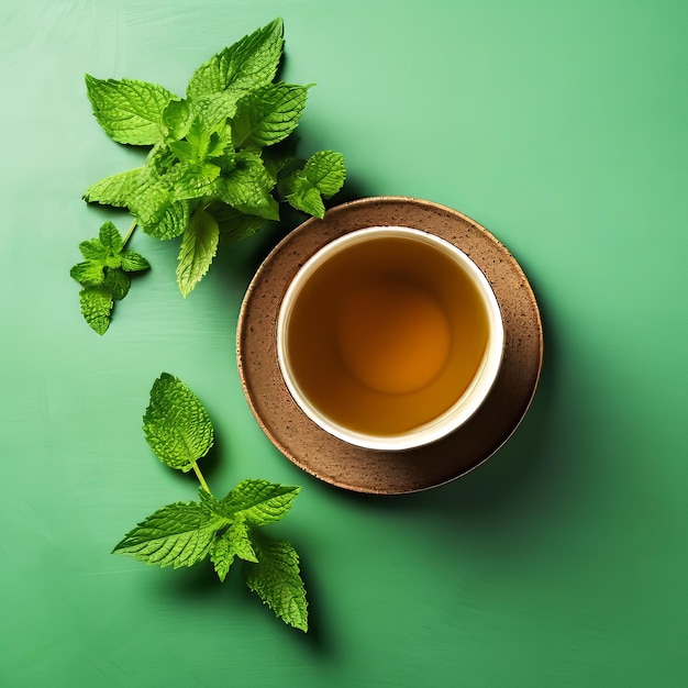 Foto di una tazza di tè alla menta sul tavolo sullo sfondo verde