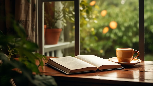 Foto di una tazza di tè e di un libro aperto con la pioggia