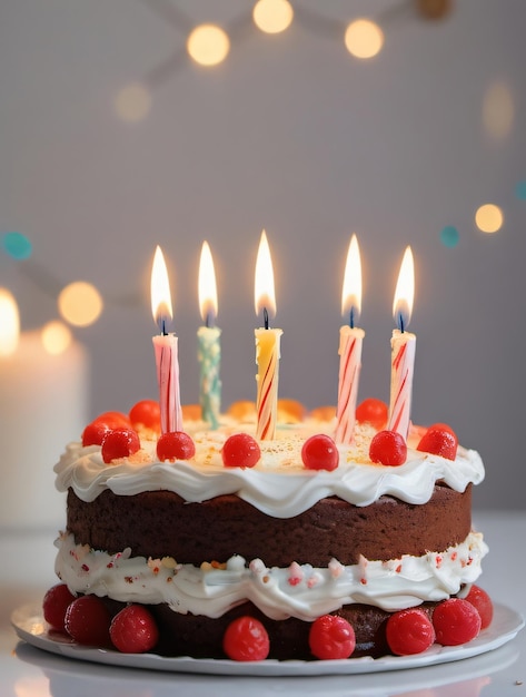 Foto di una torta di compleanno con candele accese su uno sfondo bianco