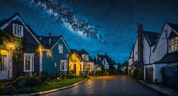 Foto di una tranquilla strada residenziale illuminata da un cielo notturno stellato