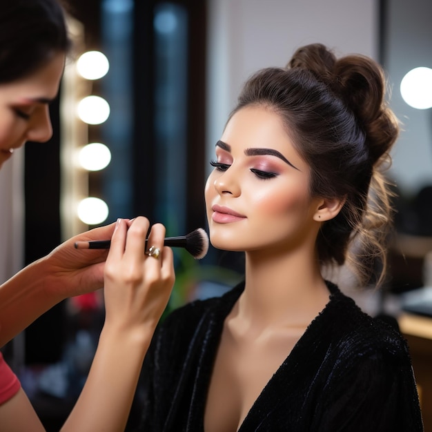 Foto di una truccatrice che fa un trucco per il viso di una giovane ragazza