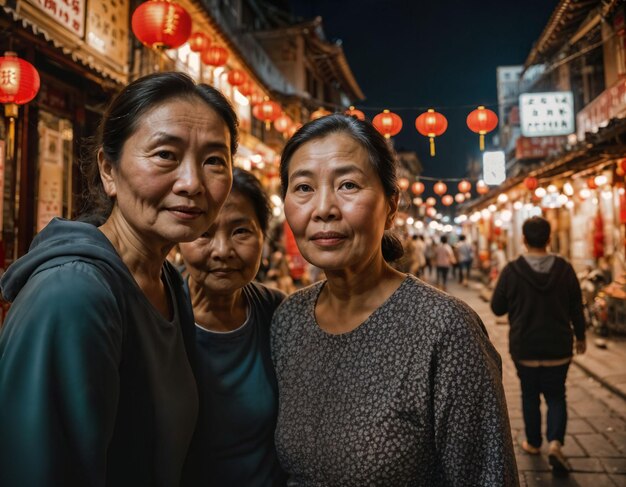 foto di una vecchia anziana con gli amici in Cina mercato di strada locale di notte generativa AI