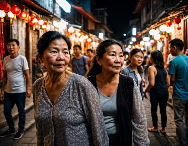 foto di una vecchia anziana con gli amici in Cina mercato di strada locale di notte generativa AI