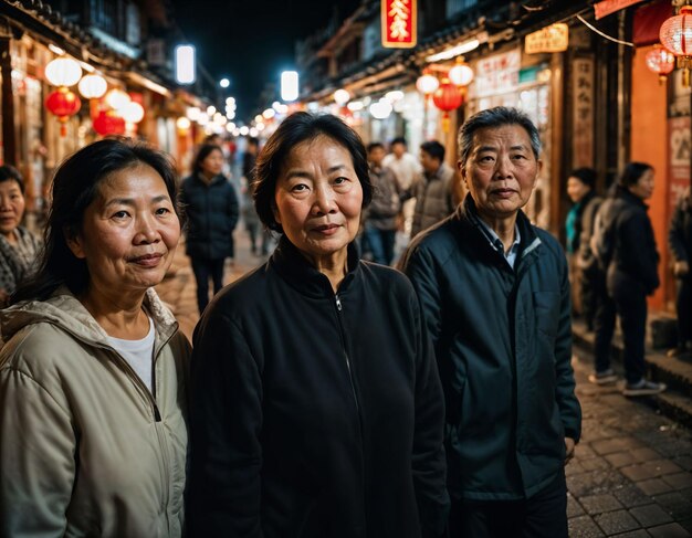 foto di una vecchia anziana con gli amici in Cina mercato di strada locale di notte generativa AI