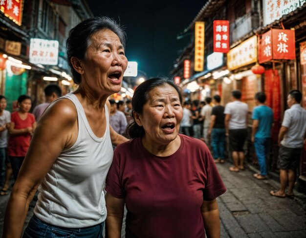 foto di una vecchia donna anziana con umore arrabbiato in Cina mercato di strada locale di notte generativa AI