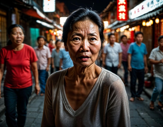 foto di una vecchia donna anziana con umore arrabbiato in Cina mercato di strada locale di notte generativa AI