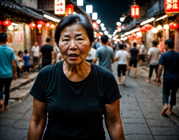 foto di una vecchia donna anziana con umore arrabbiato in Cina mercato di strada locale di notte generativa AI