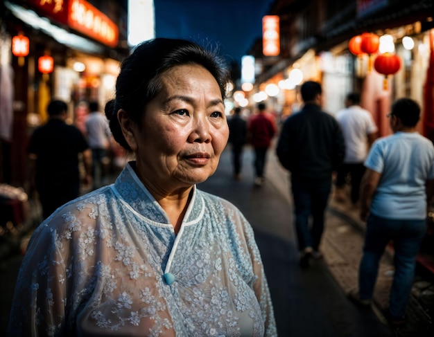 foto di una vecchia donna anziana in Cina mercato di strada locale di notte generativa AI