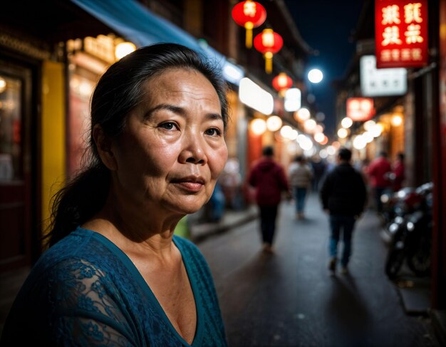 foto di una vecchia donna anziana in Cina mercato di strada locale di notte generativa AI