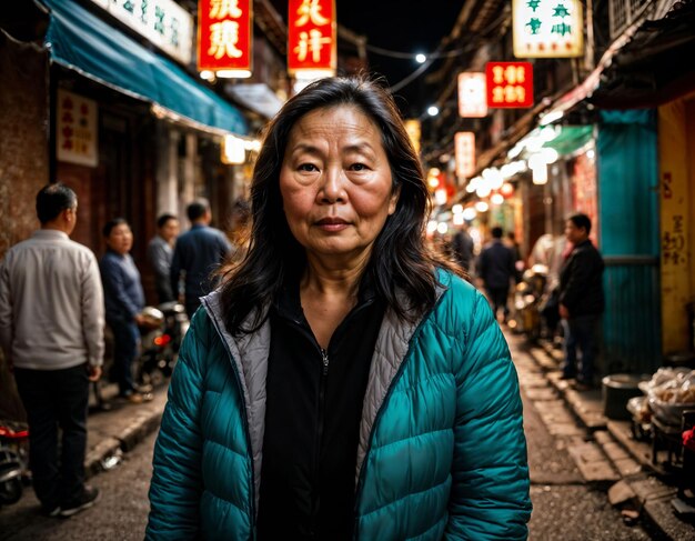 foto di una vecchia donna anziana in Cina mercato di strada locale di notte generativa AI