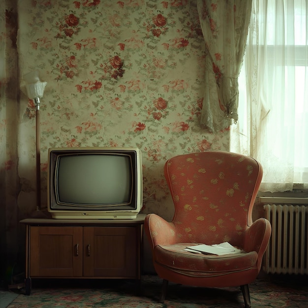 Foto di una vecchia TV d'epoca sullo sfondo colorato nello stile dell'ispirazione retro