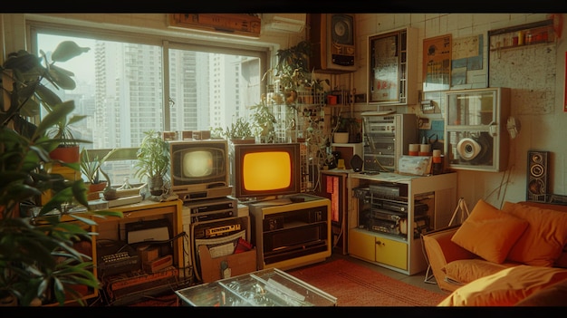 Foto di una vecchia TV d'epoca sullo sfondo colorato nello stile dell'ispirazione retro