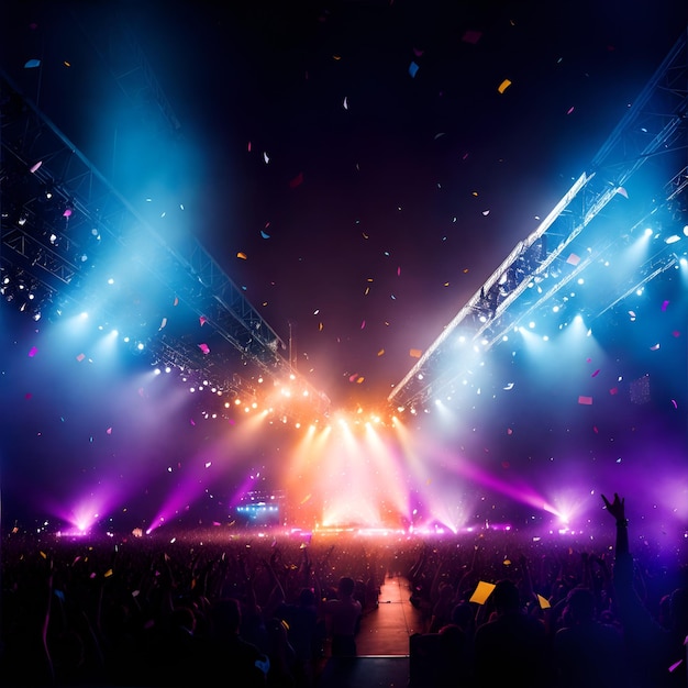 Foto di una vivace scena di un concerto con coriandoli che piovono dal soffitto