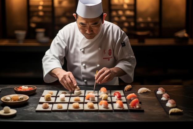 Foto di uno chef di sushi che assembla un stravagante menu di sushi omakase