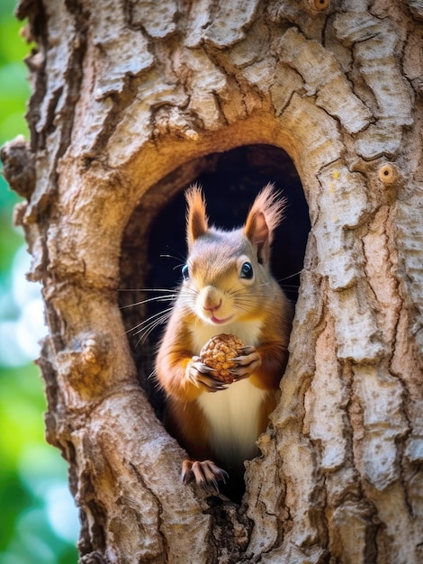 Foto di uno scoiattolo che mangia noci su un albero