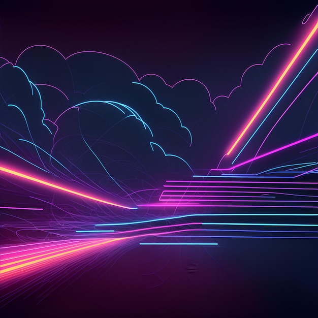 Foto di uno sfondo futuristico con linee al neon e nuvole