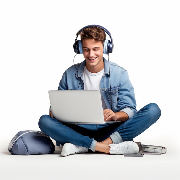 Foto di uno studente seduto a terra dietro un portatile con le cuffie