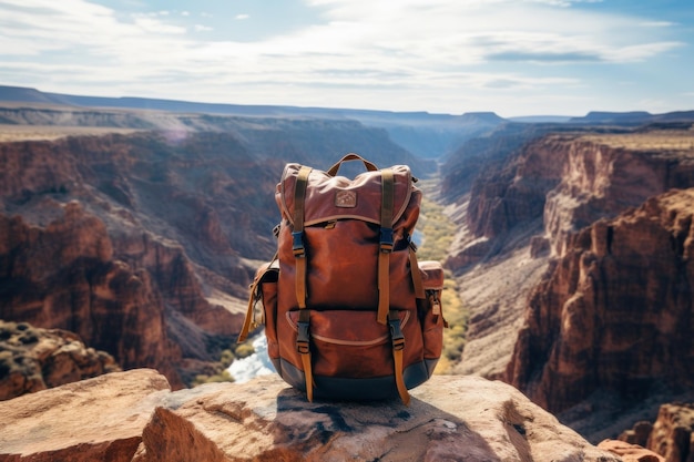 Foto di uno zaino da viaggio con vista su un canyon AI generativa