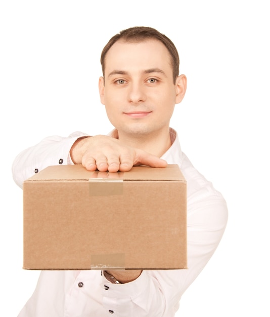 foto di uomo d'affari con pacco su bianco