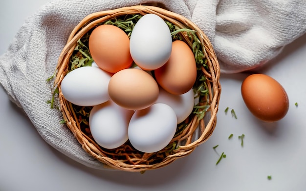 Foto di uova di gallina all'interno di un cestino con l'asciugamano su sfondo bianco 7
