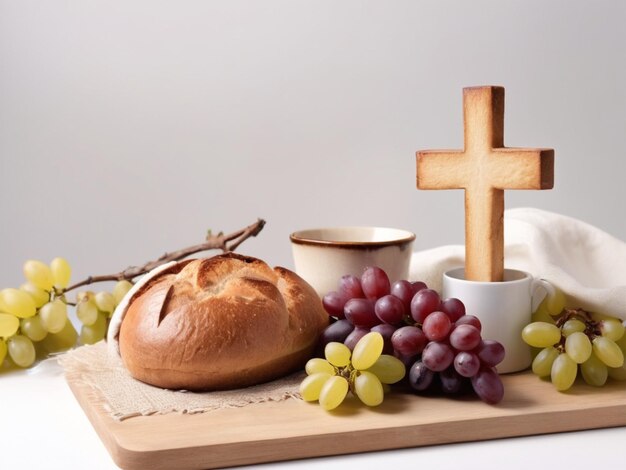 Foto di uva di pane in ciotole e tazza di vino su sfondo di legno spazio per il testo