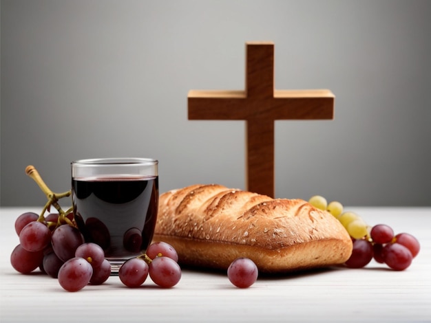 Foto di uva di pane in ciotole e tazza di vino su sfondo di legno spazio per il testo
