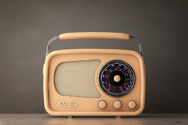 Foto di vecchio stile. Primo piano Vintage Radio su un tavolo di legno. Rendering 3D