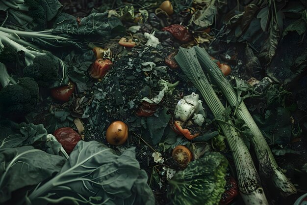 Foto di verdure marce nella spazzatura che illustra lo spreco alimentare e la necessità di ridurlo a casa Concept Food Waste Reduce Rotten Vegetables Trash Home Sustainability