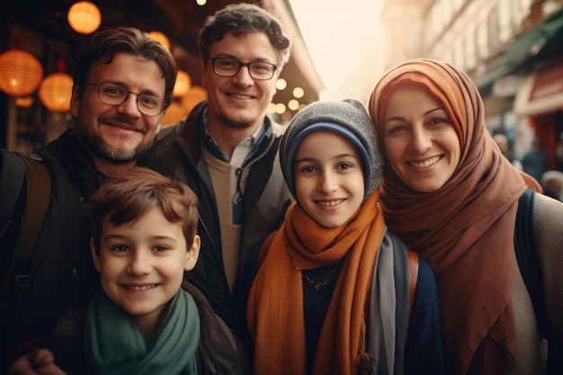 Foto di viaggio di una famiglia diversificata che esplora una città vivace