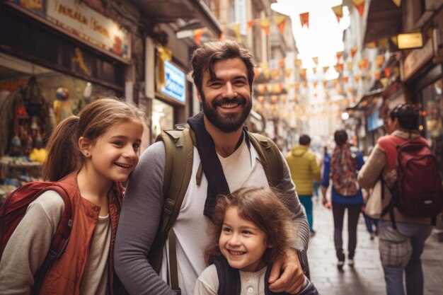 Foto di viaggio di una famiglia diversificata che esplora una città vivace