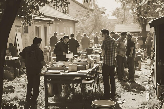 Foto di vicini che organizzano una vendita di garage di quartiere con tavoli Attività comunitarie