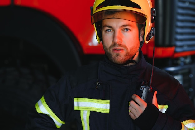 Foto di vigile del fuoco con maschera antigas e casco vicino all'autopompa