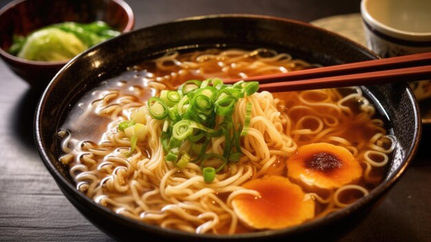 Foto di zuppa di ramen giapponese con le bacchette