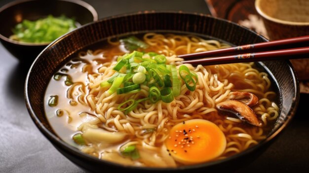 Foto di zuppa di ramen giapponese con le bacchette