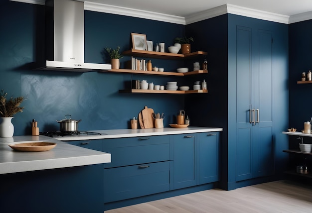 Foto disegno di angolo cucina di lusso con parete blu scuro
