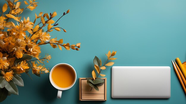 foto disposizione piatta della postazione di lavoro con spazio per fotocopie e laptop